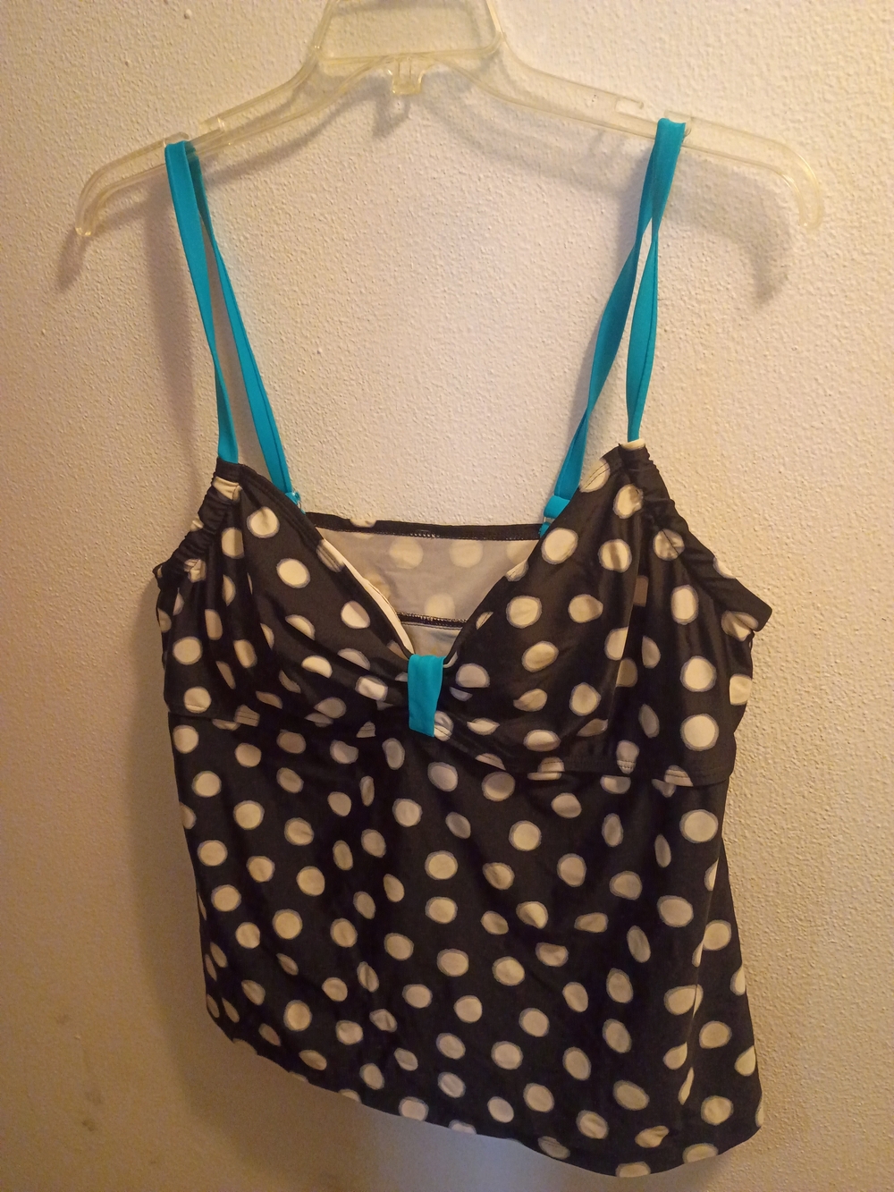 Hula Honey Black and White Polka Dot Tankini Top with Turquoise Straps